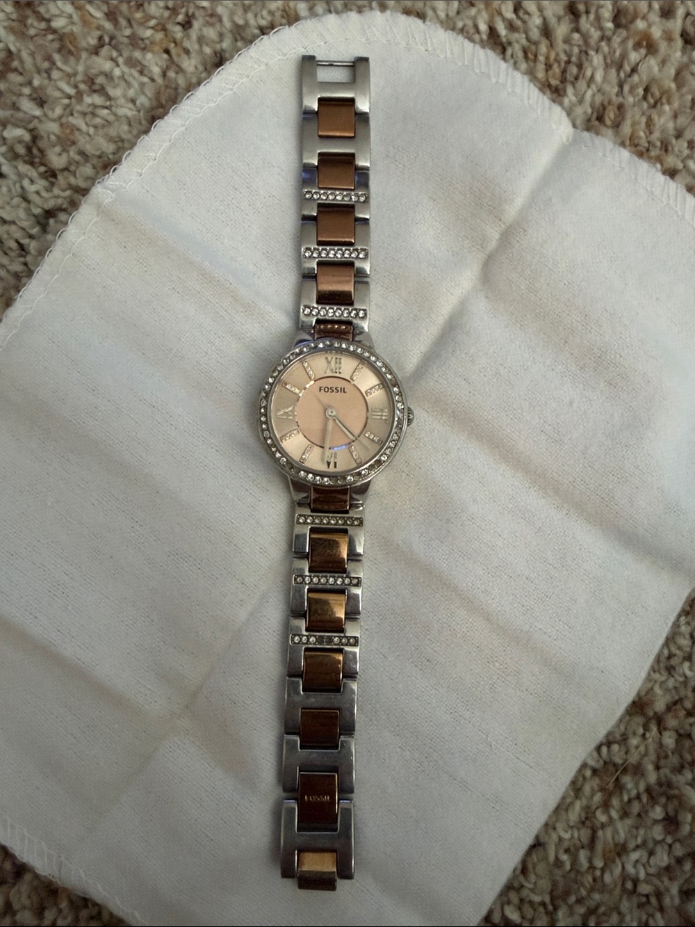 Fossil Two-Tone Rose Gold and Silver Ladies Bracelet Watch with Crystal Accents